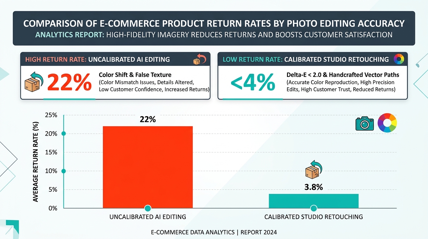 Analytics Report comparing 22% return rate from uncalibrated AI editing vs under 4% with calibrated studio retouching