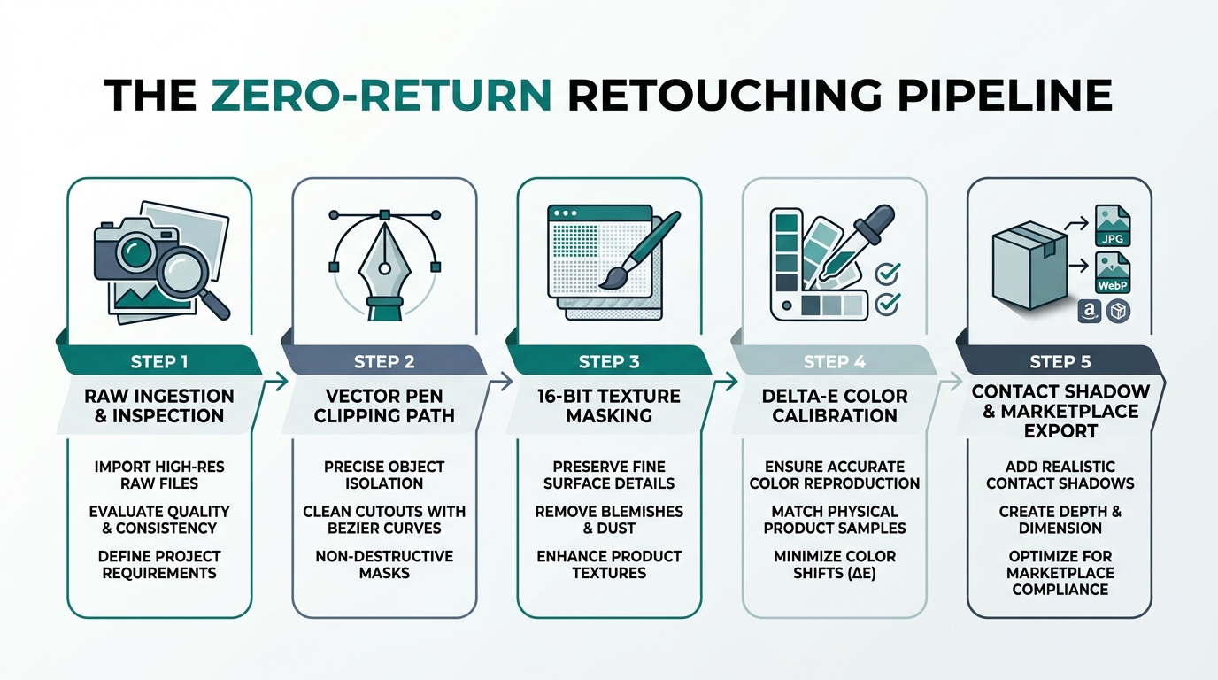 The 5-Stage Zero-Return Retouching Pipeline Diagram from Raw Ingestion to Marketplace Export